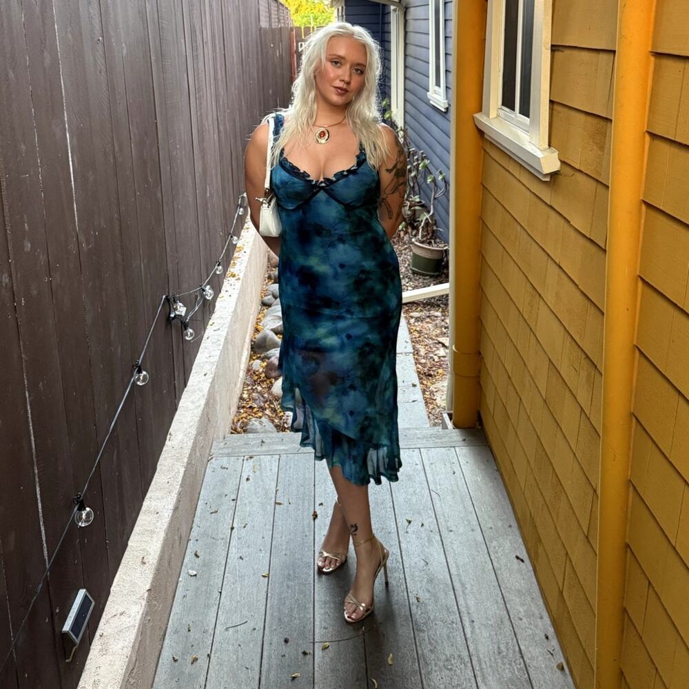 Y2K Almost Famous Asymmetric Blue Floral Cami Dress M 90s 2000s Baddie